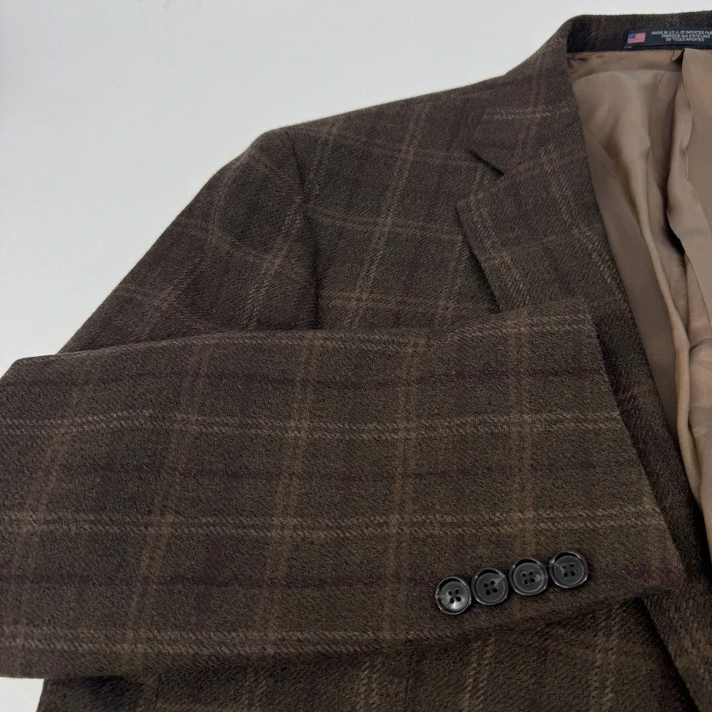 Hart Schaffner Marx Mens 46R Brown Plaid 100% Worsted Wool Blazer Sport Coat USA